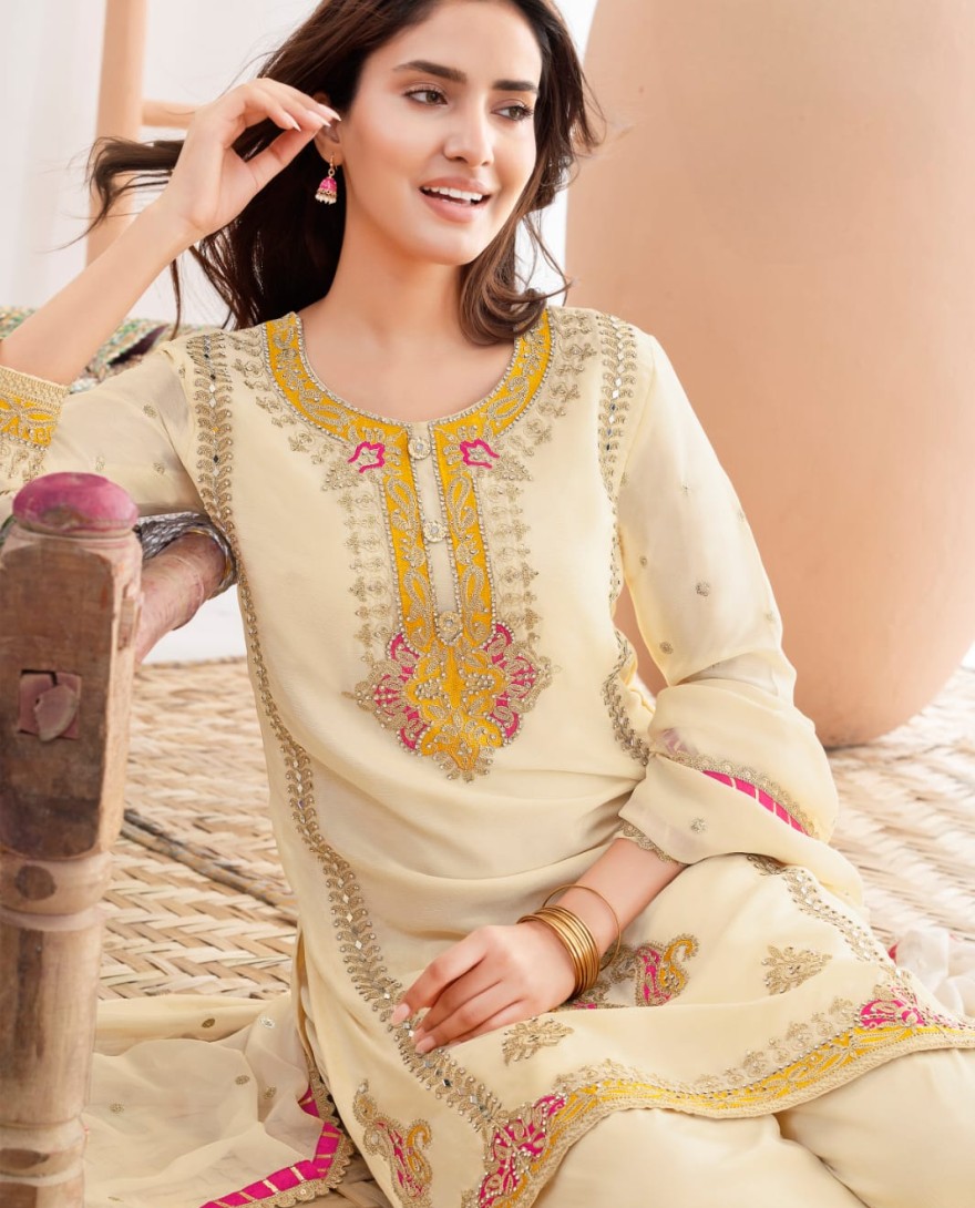 WHITE - Cream Embroidered Chinnon Pant Kameez for Festival